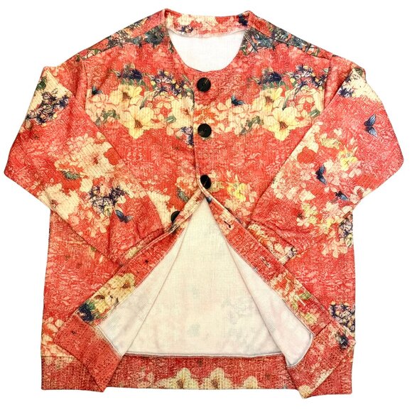 Floral Cardigan Size L Pink Orange Butterfly Garden Button Front Layer Top - Picture 9 of 11